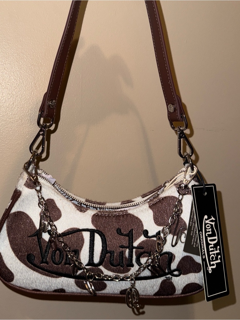Von Dutch Brown and White Cow-Print / Cow hide shoulder Bag